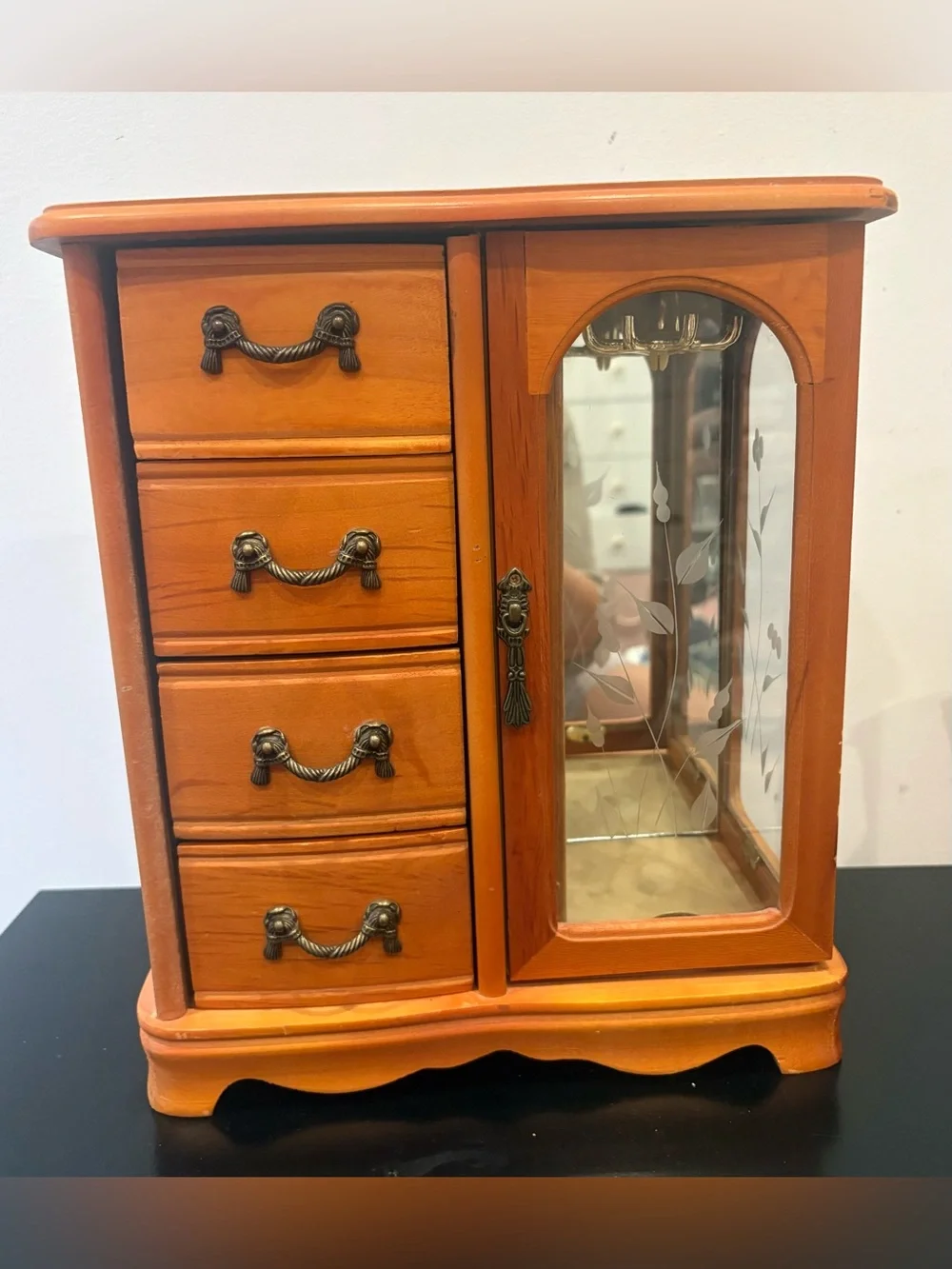 Vintage Wooden Jewelry Box with Glass Door with Four Boxes